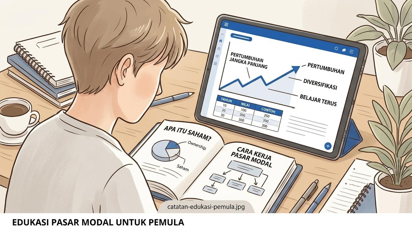 Ilustrasi buku terbuka dengan ikon grafis pasar modal sederhana untuk pemula